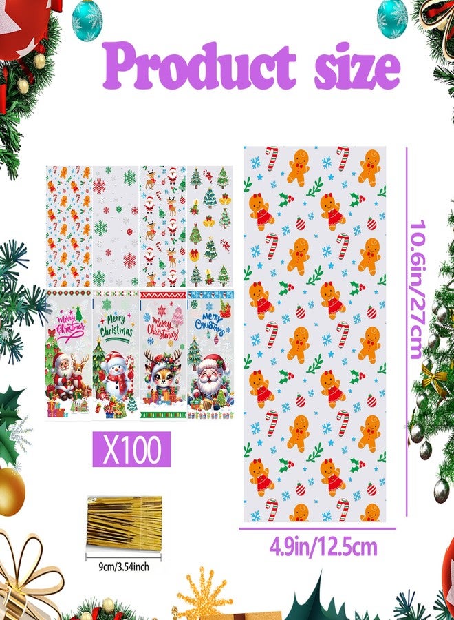 EUVBOKW 100 PCS Christmas Cellophane Treat Bags with Gold Twist Ties – Holiday Candy Goody Bags with 8 Festive Designs 11 x 5 Inch Gifts Bag for Party Supplies (Christmas) - Image 3